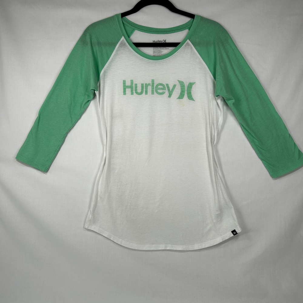 Hurley Surf Skate Raglan T-Shirt M Green White Y2K Vintage Woman